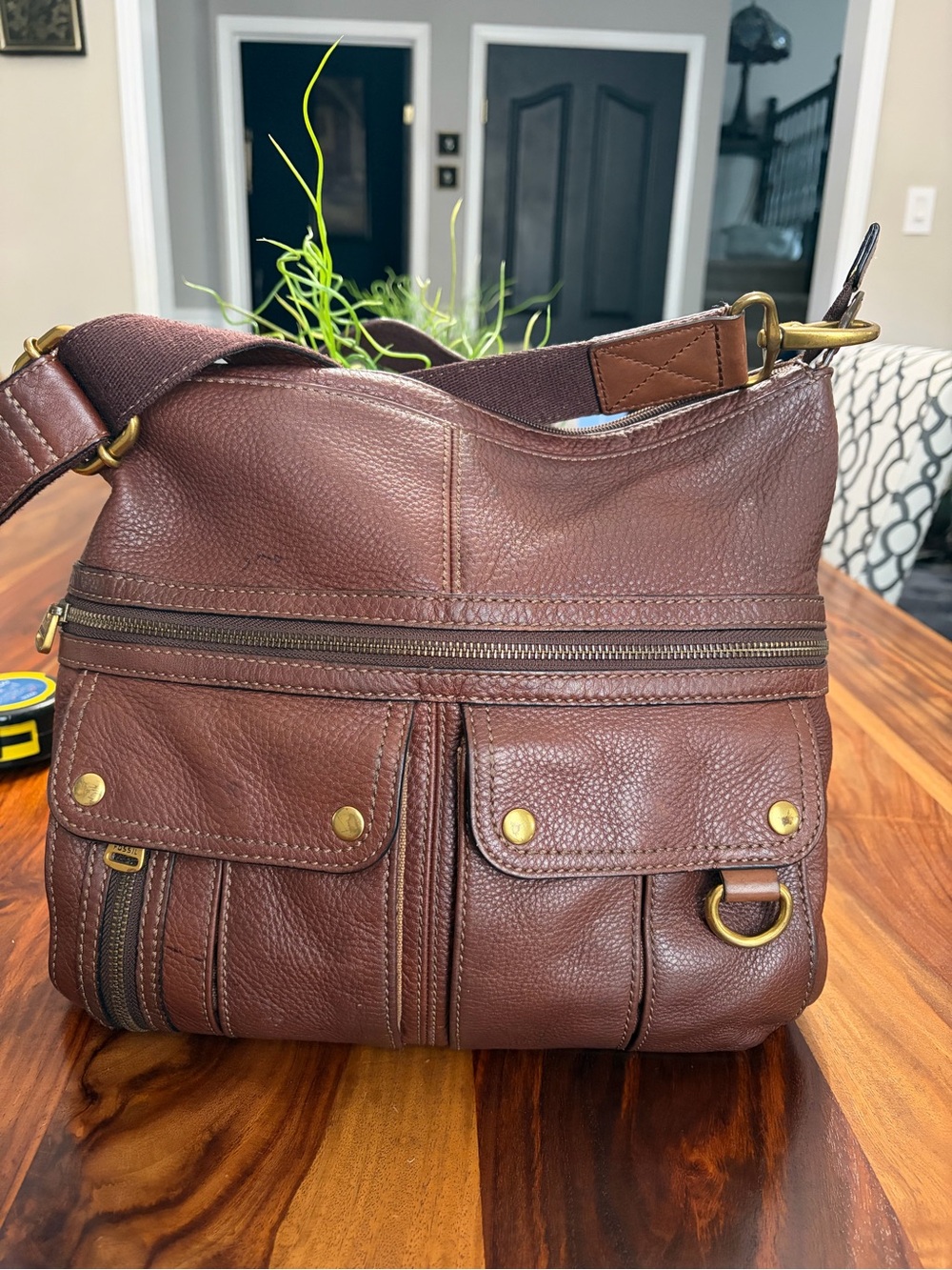 Fossil Brown Pebbled Leather Messenger Bag with Brass Hardware quality 💯
